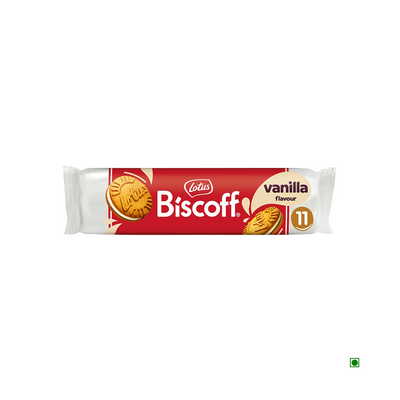A package of Lotus Biscoff Sandwich Vanilla 110g cookies, flavored with natural vanilla.