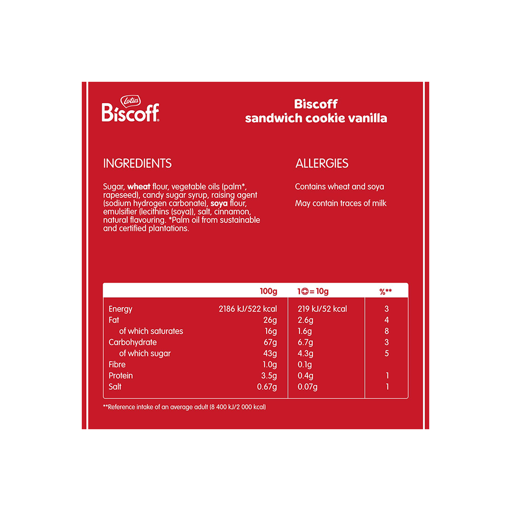 A product label for Lotus Biscoff Sandwich Vanilla 110g, featuring an ingredients list, nutrition facts, and allergy information displayed.