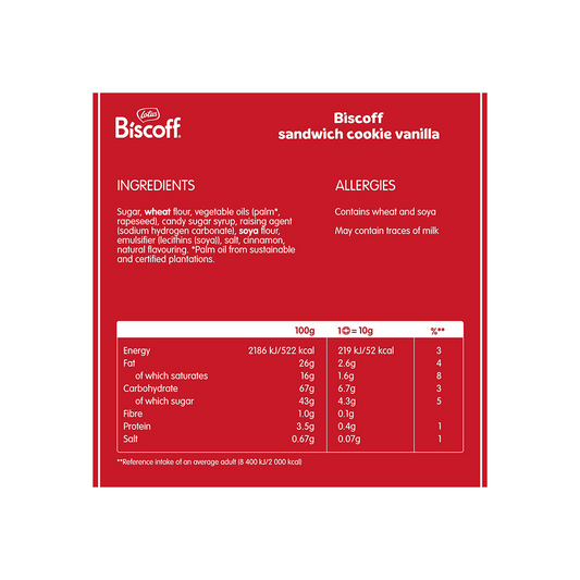 The image features the label for Lotus Biscoff Sandwich Vanilla 110g biscuits, presenting information on ingredients, allergy advice, and nutritional details like energy, fat, carbohydrates, sugars, protein, and salt per 100g and per 10g.