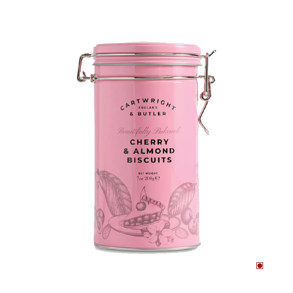 A pink tin of Cartwright & Butler Cherry & Almond Biscuits Tin 200g, featuring biscuit, cherry, and almond illustrations on the front.