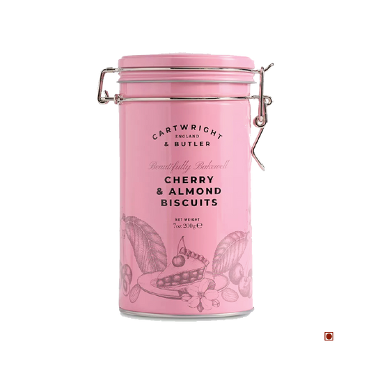 A pink tin of Cartwright & Butler Cherry & Almond Biscuits Tin 200g, featuring biscuit, cherry, and almond illustrations on the front.