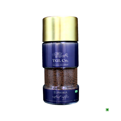 A jar of Cococart India TGL Co. Euphoria Instant Coffee 100g, featuring a blend of Robusta and Arabica beans, with a blue label and gold lid, isolated on a white background.