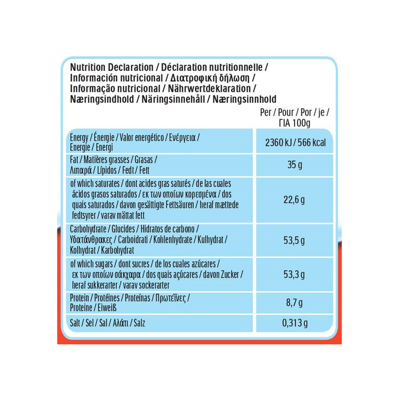 A nutrition label for a Kinder Mini Chocolate T18 108g.