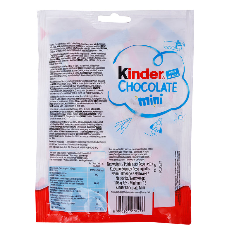 Kinder Mini Chocolate T18 108g with milky filling in a bag on a white background.