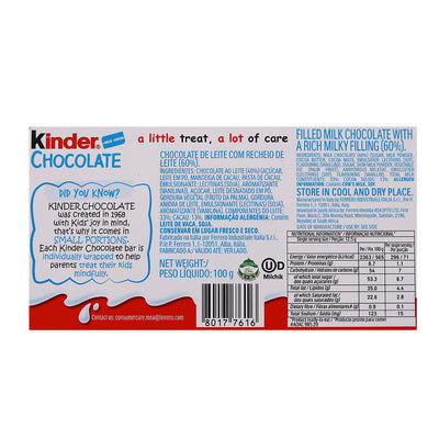 Back and front view of a Kinder Chocolate T8 100g package showing nutritional information and product details, highlighting that it contains no artificial colors.