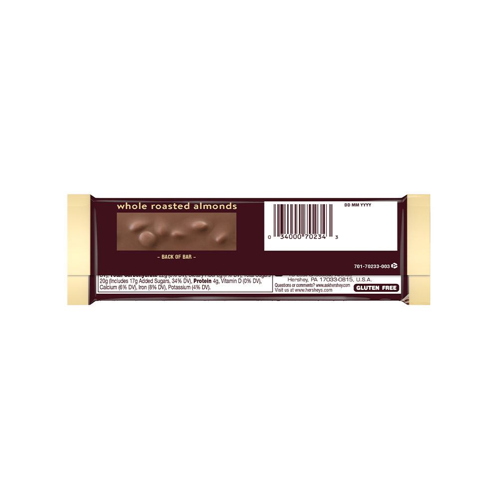 A pack of Hershey's Milk Chocolate Bar with Almonds 41g with nutritional information and a "Country of Origin: USA" label displayed on the back side.