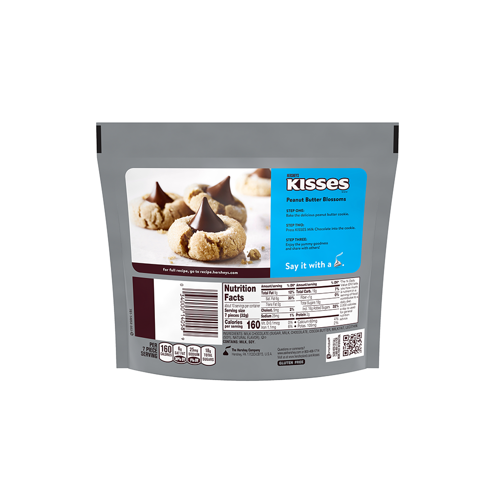 Bag of Hershey's Kisses Milk Chocolate 306g, displaying bite-sized chocolate cookies on the front along with nutritional information and a barcode.