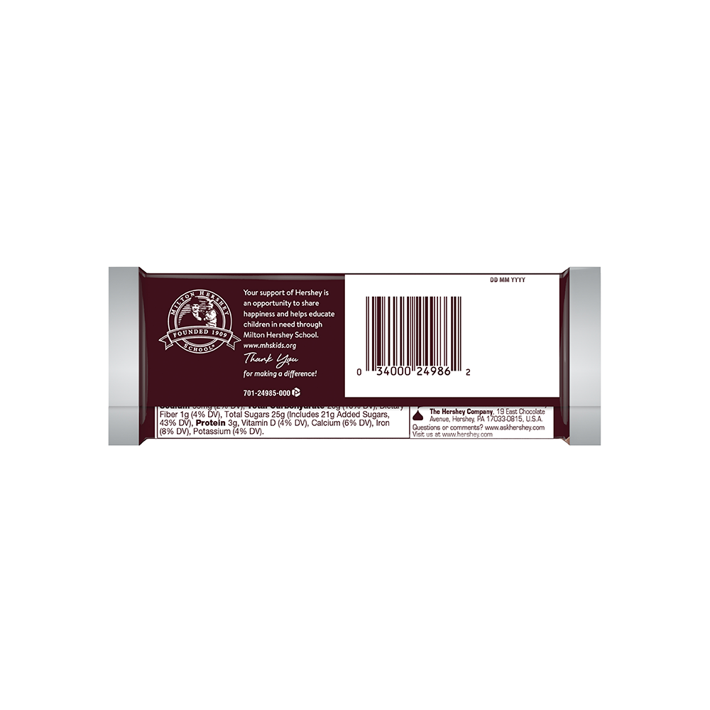 Back view of a Hershey’s Milk Chocolate Bar 43g wrapper displaying nutritional information, a barcode, and a fundraising message for Milton Hershey School.