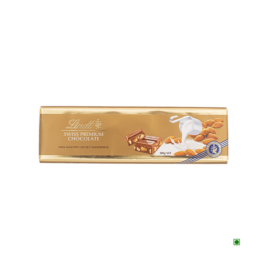 A Lindt Gold Tab Milk Almond Chocolate 300g. The gold-colored packaging, proudly highlighting its Switzerland country of origin, features images of nuts and a chocolate piece. Net weight: 300g.