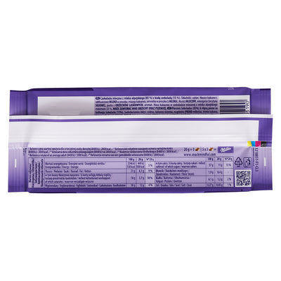 Back view of a Milka Happy Cow Bar 100g packaged food product displaying nutritional information, ingredient list, and barcodes in purple packaging.