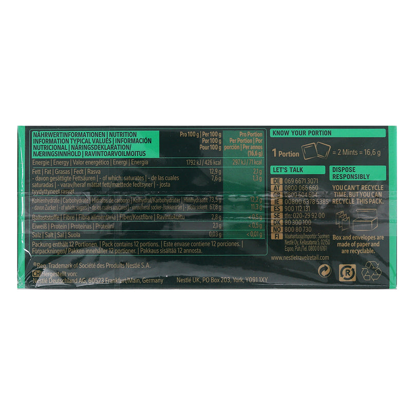 Back of an After Eight mint chocolate-flavored nutrition bar packaging showing nutritional information, recycling symbols, and manufacturer contact details.