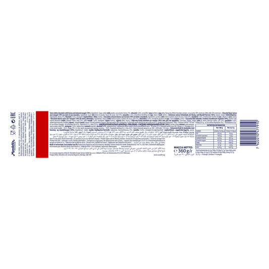 The image displays the back label of a Toblerone White Bar 360g package from Toblerone, showcasing ingredient details, nutritional information, and a barcode against a white background, suggesting the mouthwatering flavors of white chocolate and almond nougat.