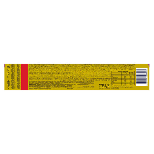 Back view of the Toblerone Fruit & Nut Bar 360g package, featuring detailed text such as ingredients and nutritional information, all set against a yellow background. A barcode is visible on the right side, suggesting a delightful indulgence of Swiss chocolate enriched with fruit and nut.