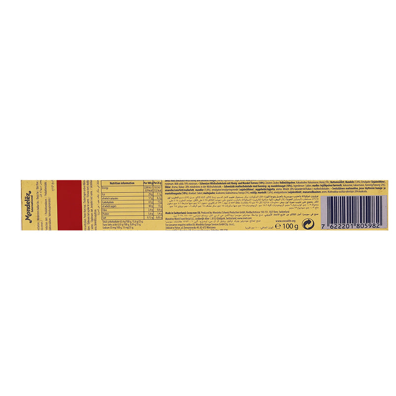 Back of a Toblerone Milk Bar 100g packaging label displaying nutritional information, ingredients, barcode, and branding in yellow and red colors.