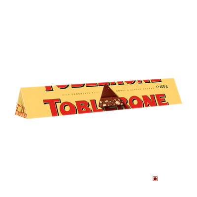 A triangular Toblerone Milk Bar 100g with the word Toblerone on it, originating from Switzerland.