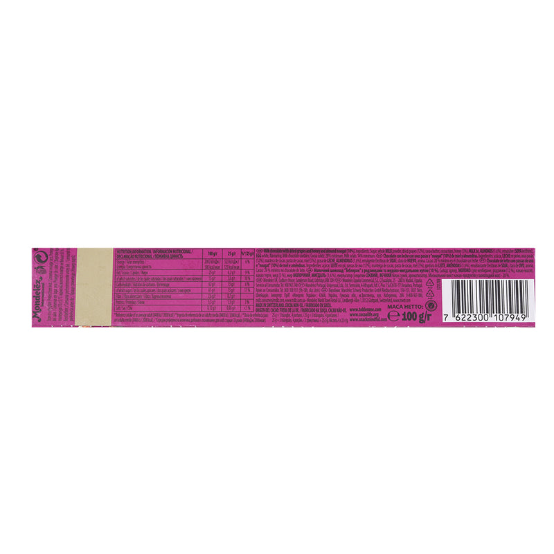 Long pink label from a Toblerone Fruit & Nut Bar 100g packaging featuring a barcode, nutritional information, and various text elements.