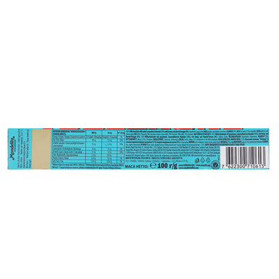 Sentence with updated product:
Nutrition label and barcode on the back of a Toblerone Crunchy Almond Bar 100g packaged food product, featuring ingredient list and nutritional information in blue and teal colors.