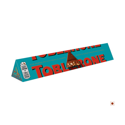 A partially unwrapped Toblerone Crunchy Almond Bar 100g with a view of its triangular pieces.