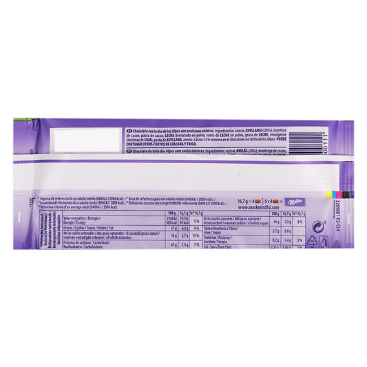 Back view of a purple Milka Whole Hazelnut Milk Bar 100g wrapper featuring nutritional information, ingredients list, and product details in multiple languages.