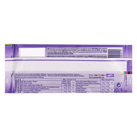 Back of a Milka Broken Hazelnut Milk Bar 100g packaging displaying ingredients, nutritional information, and manufacturing details in a purple and white color scheme. Includes a note on crunchy hazelnuts for added flavor.