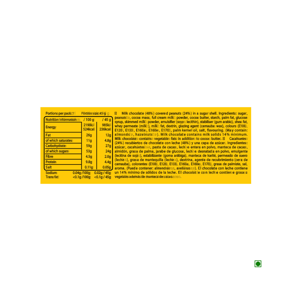 Image of a nutrition label for M&M's Peanut Single 45g candies. The label includes nutritional information, ingredients, and content in multiple languages. These treats feature roasted peanuts coated in a colorful candy shell similar to Peanut M&M's from the brand M&M's.