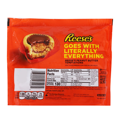 Packaging of Reese's Peanut Butter Cup Bag 298g with the tagline "goes with literally everything," featuring nutrition facts and contact information.