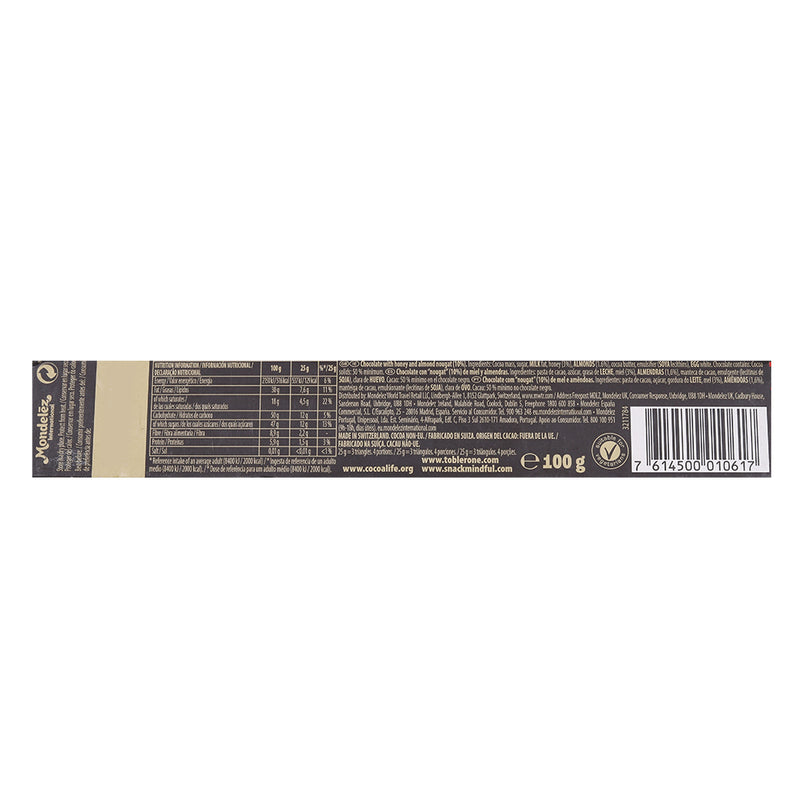 A detailed image of the back of a Toblerone Dark Bar 100g packaging showing nutritional information, ingredients, and barcodes.