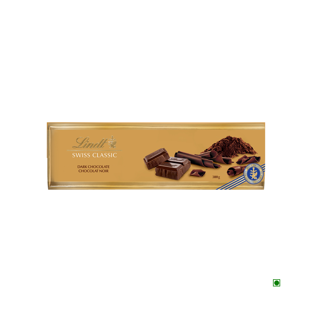 Lindt Gold Tab Surfin Dark Chocolate 300g packaging, featuring images of chocolate squares, cocoa powder, and chocolate curls against a golden background proudly highlights Switzerland as its country of origin.