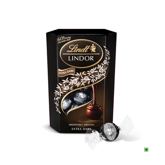 A box of Lindt Lindor Chocolate Cornet 60% Dark 200g, showcasing extra dark chocolate with a "60% cocoa" label. One unwrapped truffle is beautifully displayed in front of the elegant black box adorned with a decorative design.