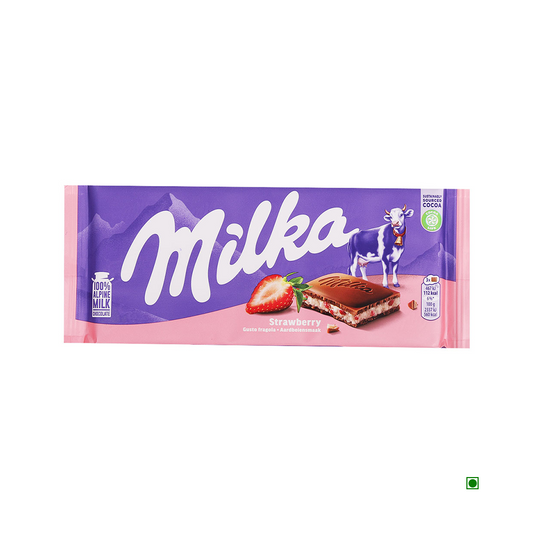 A Milka Strawberry Milk Chocolate Bar 100g in purple and pink packaging featuring the Milka logo, an illustration of a cow, and an image of a strawberry and milk chocolate square.