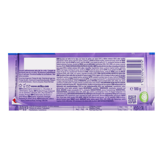 Back of a Milka Oreo Milk Chocolate Bar 100g packaging showing detailed ingredients, nutritional information, OREO cookie pieces, and brand contact information. The weight is indicated as 100 grams.