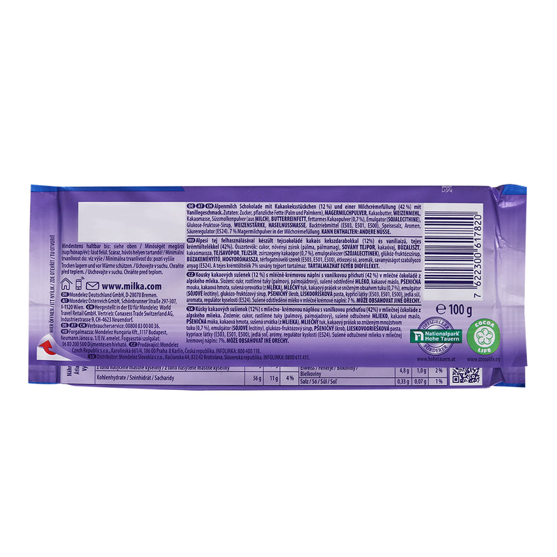 Back of a Milka Oreo Milk Chocolate Bar 100g wrapper displaying nutritional information, ingredients, and contact details.