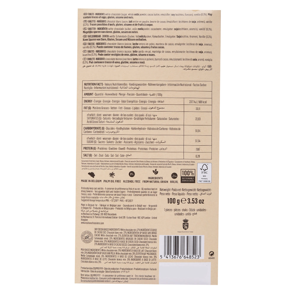 Back of Neuhaus food packaging with nutritional information, ingredients list including Madagascar vanilla and white chocolate, and barcodes in various languages.