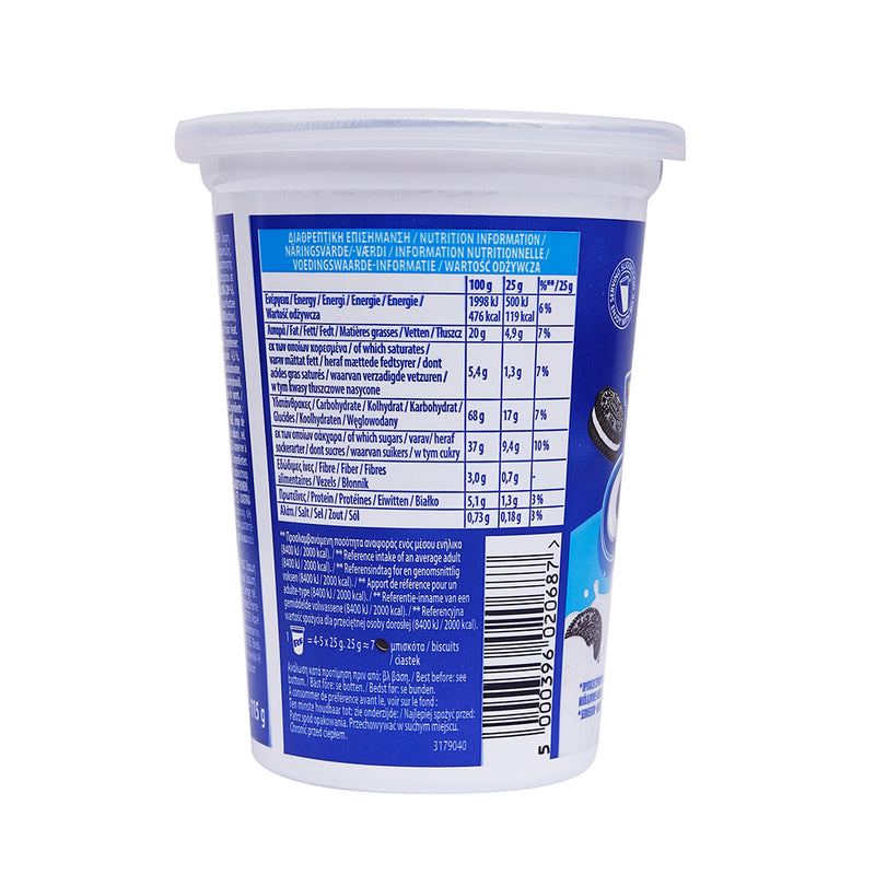 A cup of yogurt with a label on it, featuring Oreo Mini Canister Cup 115g.