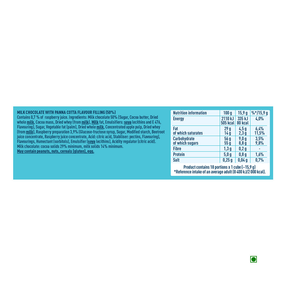 Image of nutrition label for Wedel Milk Chocolate With Panna Cotta Filling Bar 287g, showcasing ingredients and nutritional info. Highlights include sugar, cocoa butter, milk, and fruit purée from Poland's largest confectionery brand.