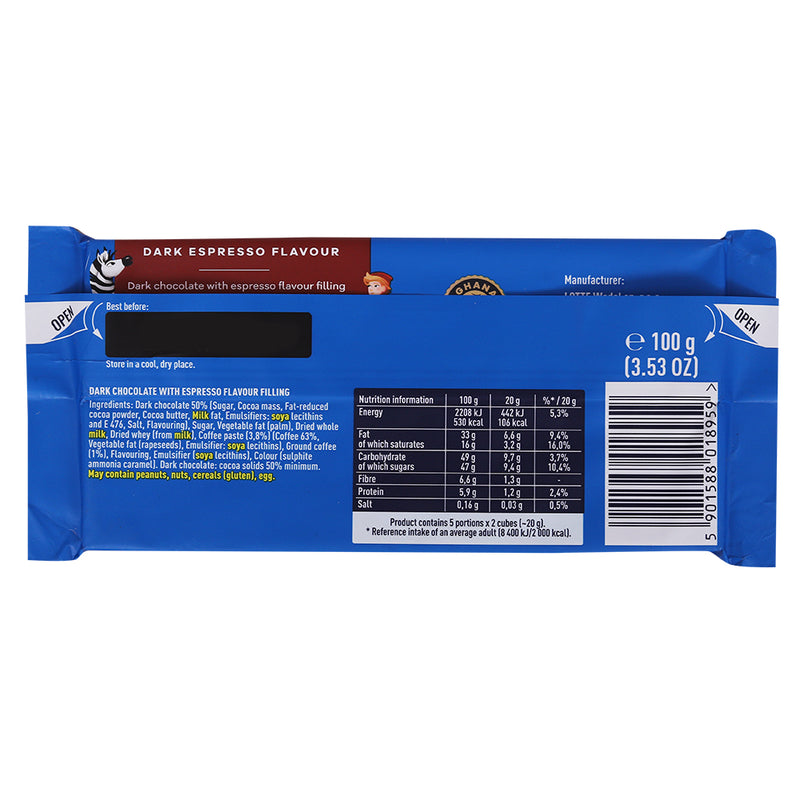 Back of a Wedel Dark Chocolate With Espresso Filling Bar 100g packaging, displaying nutritional information and ingredients list.