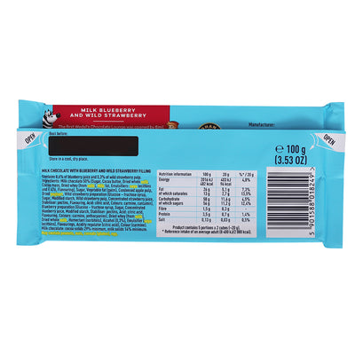Packaging of a Wedel Milk Chocolate With Blueberry & Wild Strawberry Filling Bar 100g, showing nutritional information and barcode.