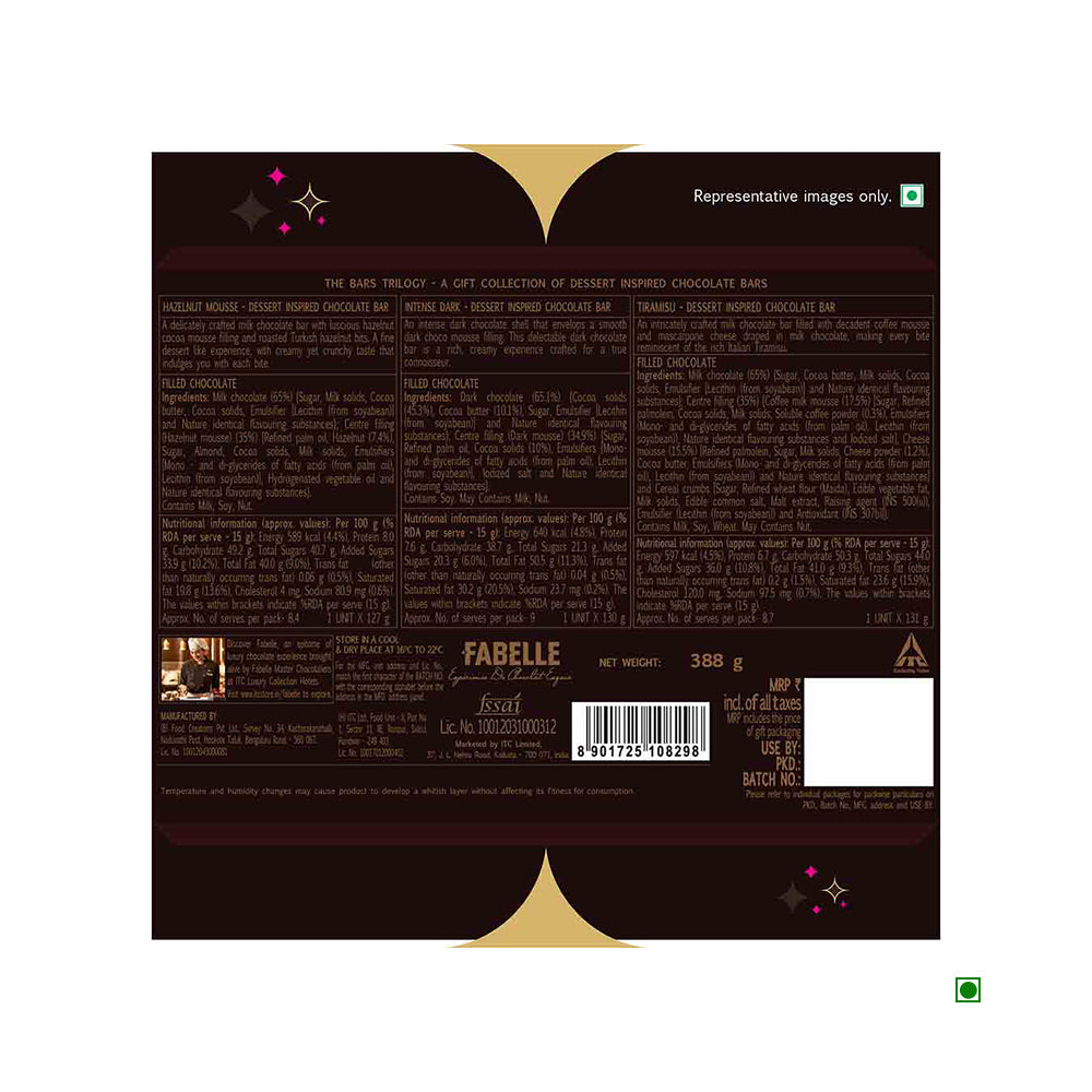 The back of the Fabelle The Bars Trilogy With Tiramisu 386g pack displays ingredients, barcode, and nutritional info on a dark background. Proudly crafted with care in India, the country of origin is clearly marked for assurance.