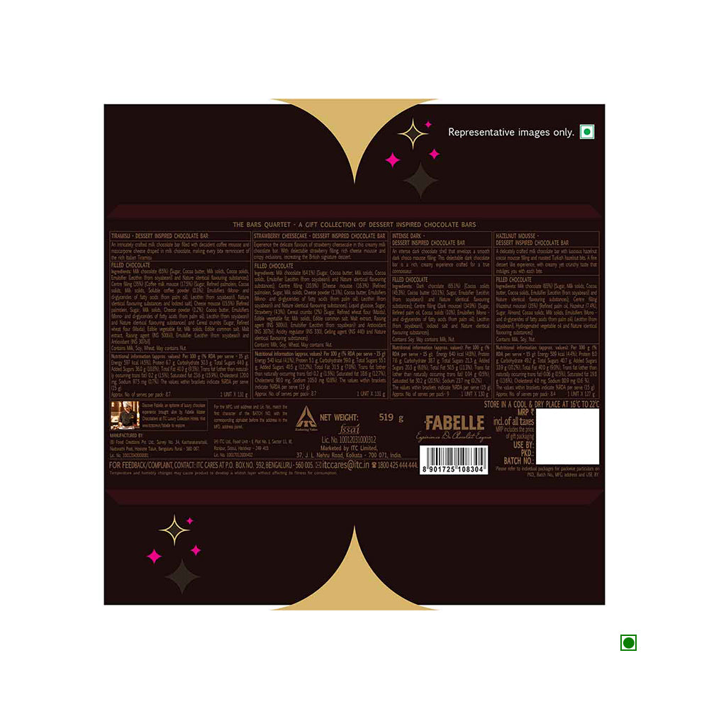 Back view of Fabelle The Bars Quartet 512g box displays product details, ingredients, nutrition facts, manufacturer info, barcode, and Country of Origin India on a dark brown background. Brand: Fabelle.