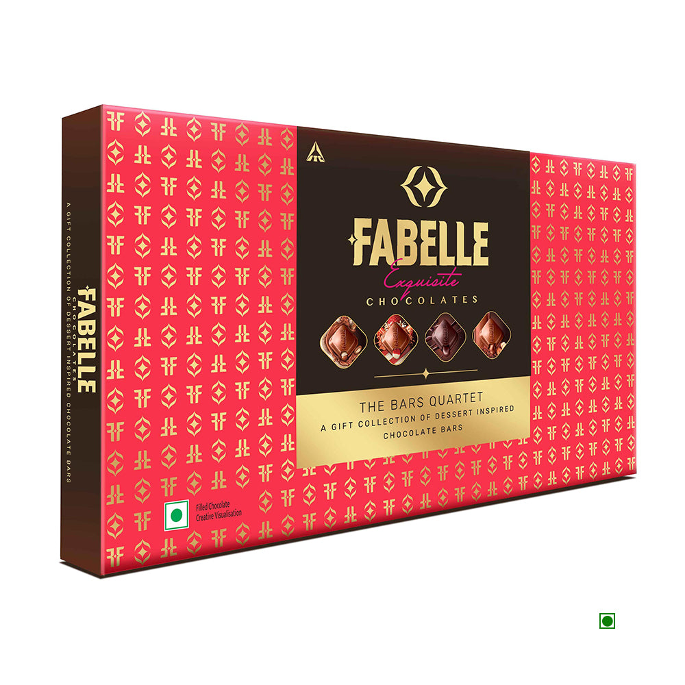 A box of Fabelle The Bars Quartet 512g showcases dessert-inspired chocolate bars in red and gold packaging, crafted in India.