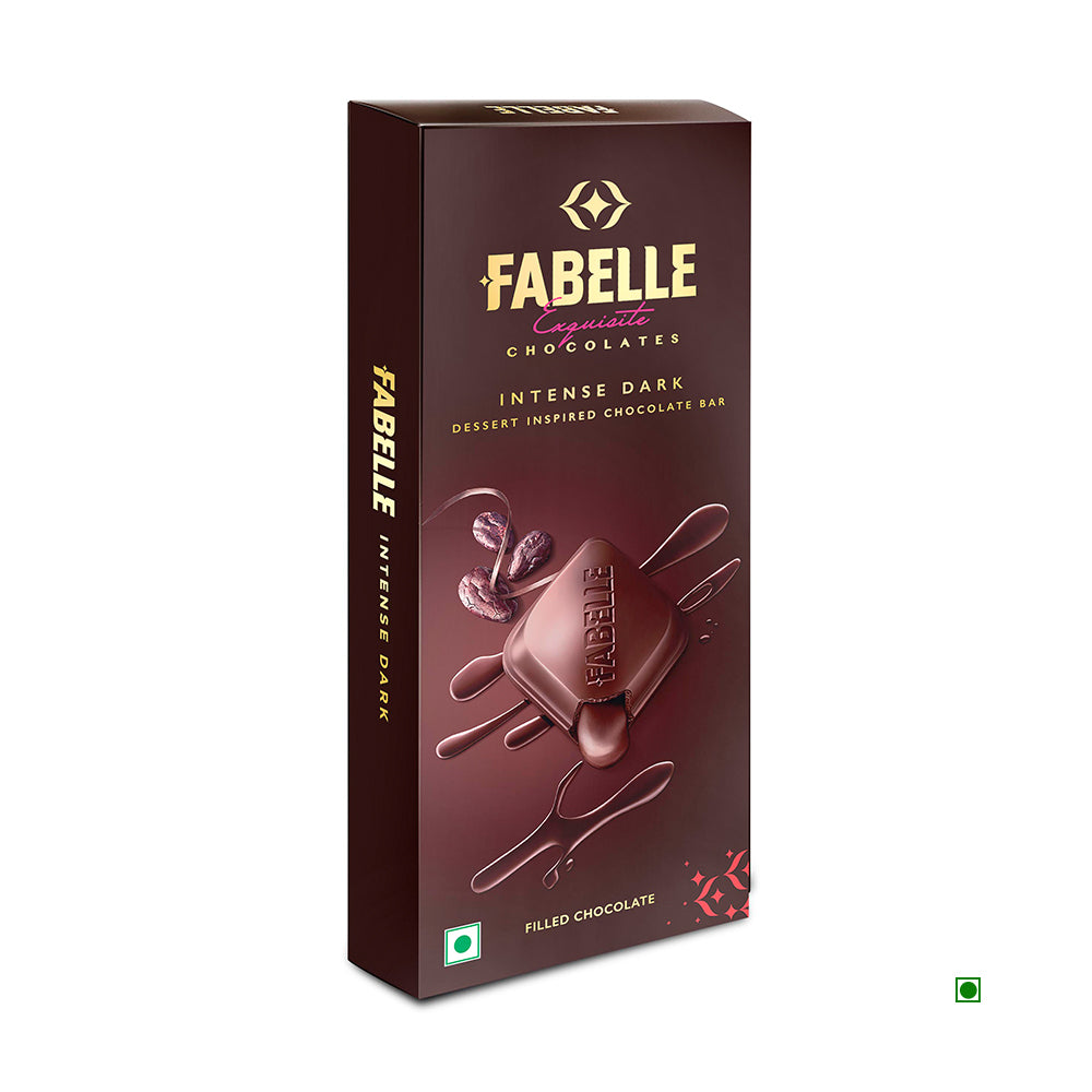 A box of Fabelle Intense Dark Chocolate Bar 130g, featuring filled dark chocolate, product image and branding on the front, and proudly marked as Country of Origin: India.