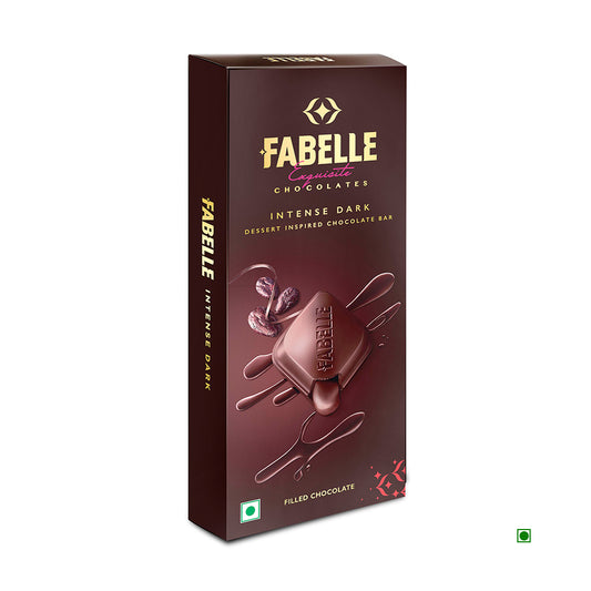 A box of Fabelle Intense Dark Chocolate Bar 130g, featuring filled dark chocolate, product image and branding on the front, and proudly marked as Country of Origin: India.
