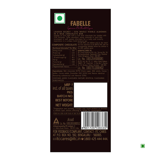 Back of a Fabelle Loaded Secret Milk Chocolate Bar 114g pack made in India, showing ingredients, nutrition facts, barcode, price, and manufacturer details on a dark brown background.