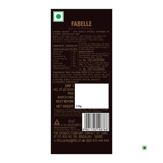Back of a Fabelle Loaded Secret Dark Chocolate Bar (115g) showing details like ingredients, weight, price, Country of Origin: India, manufacturing date, barcode, and contact information.