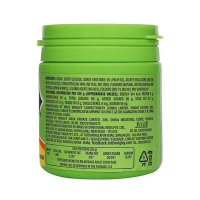 A green re-sealable pot pack displaying nutritional information and ingredients of Wrigley's Doublemint Chewy Mints, Lemon, 80.85g labeled in English, named Doublemint Lemonmint.