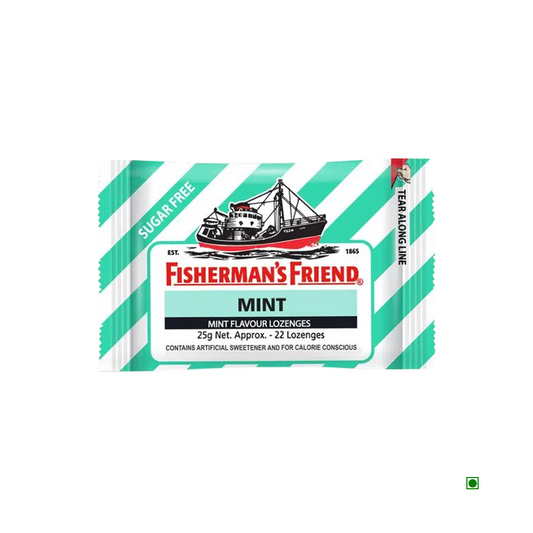 A package of Fisherman's Friend Lozenges Green Stripe 25g, sugar-free, and designed to stay fresh, with approximately 22 lozenges inside.