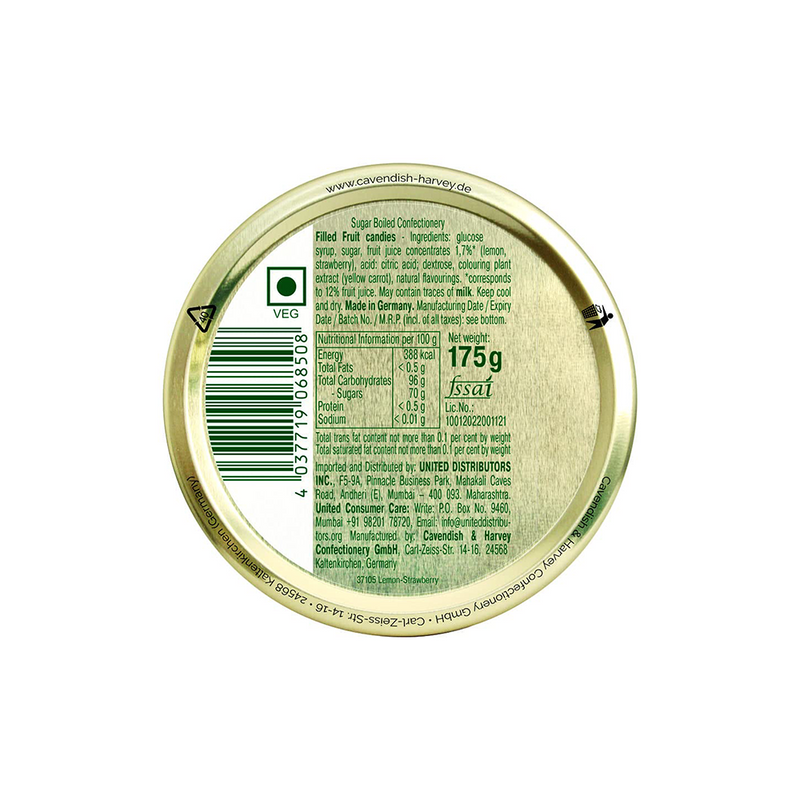 Circular premium gold tin lid displaying nutritional information and barcode, labeled as vegan, for Cavendish & Harvey Strawberry Drops 175g confectionery.