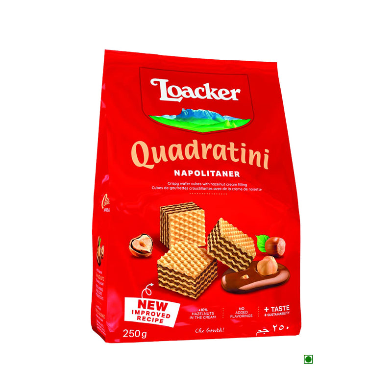 A Loacker Quadratini Napolitaner 250g bag of biscuits on a white background.