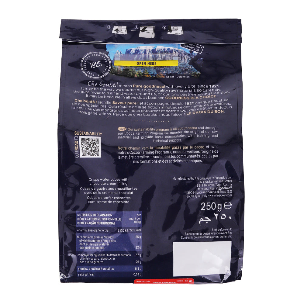 Front view of a closed Loacker 250g coffee bag displaying brand details, nutritional information, and sustainable sourcing claims, including Country of Origin: Italy.