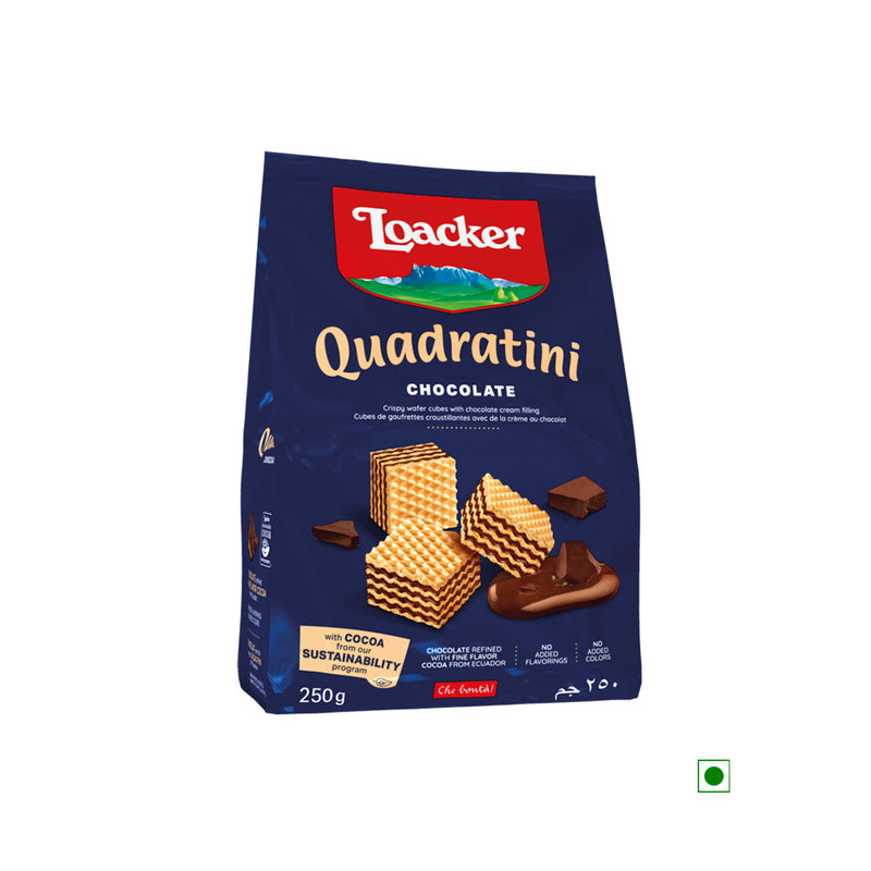 An Italian bag of Loacker Quadratini Creamcacao 250g chocolate crackers on a white background.